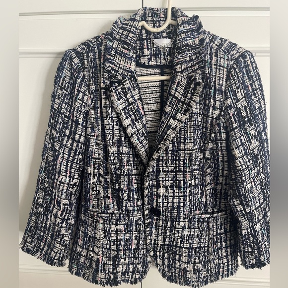 ecru Jackets & Blazers - Ecru women’s black and white frayed blazer jacket size 6